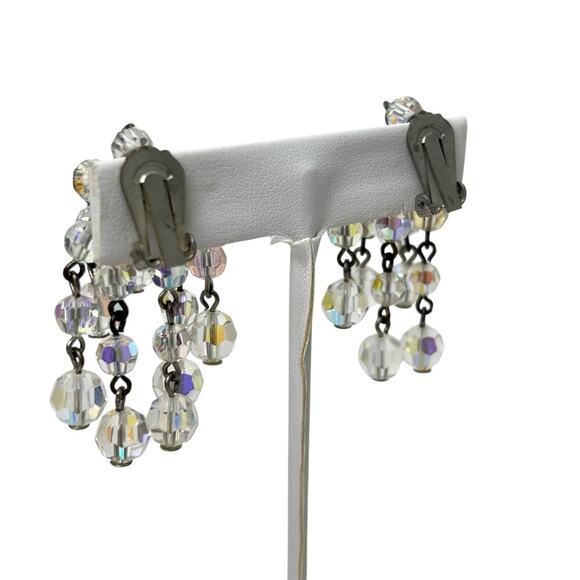 Vintage Dangle Aurora Borealis Earrings Faceted AB Beads Cascade Cluster Clip On - Picture 4 of 7